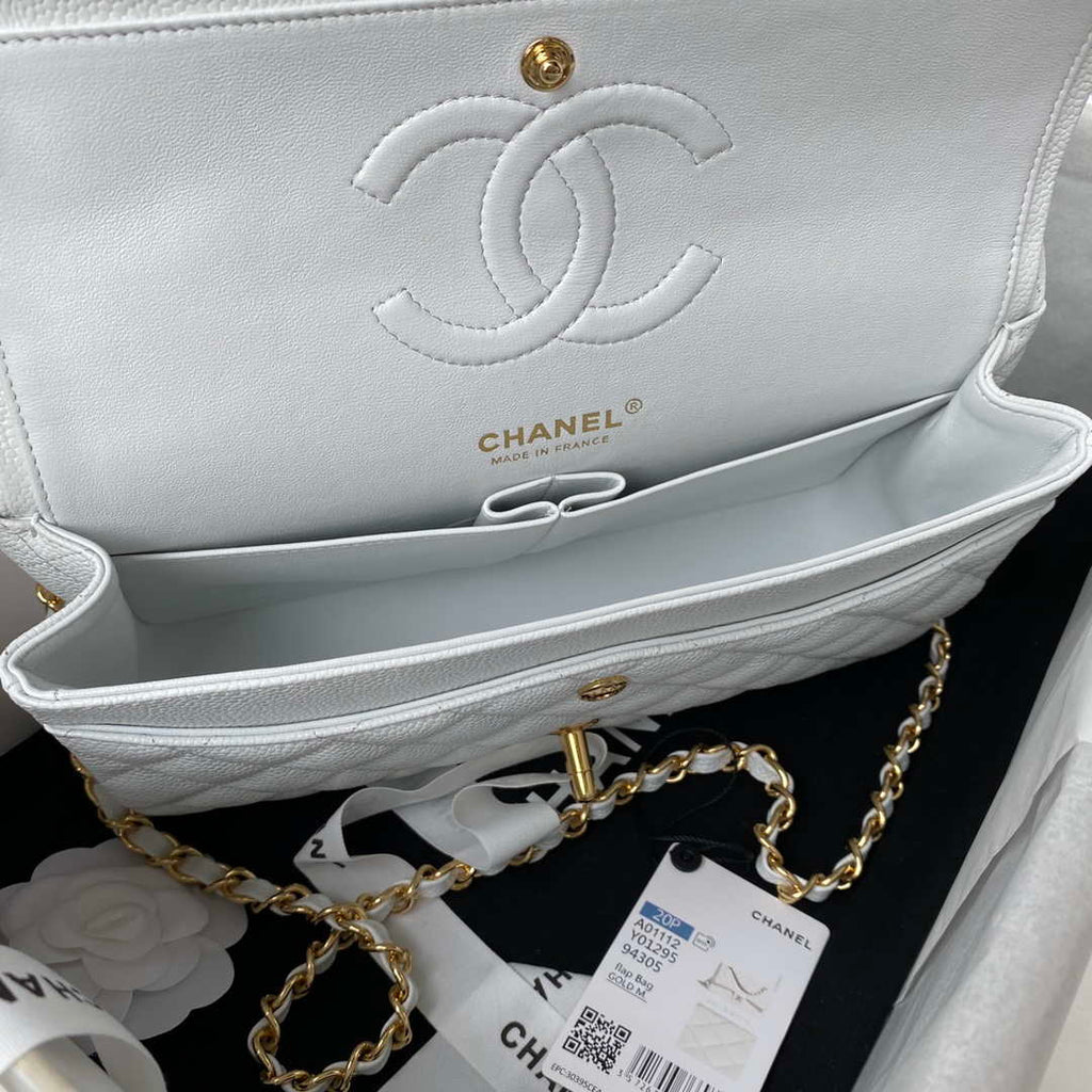 Chanel A01112 Flap Handbag Classic bag Grained shiny Calfskin White Gold