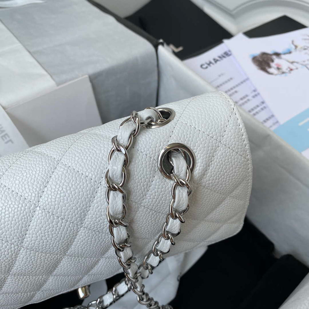 Chanel A01112 Flap Handbag Classic bag Grained shiny Calfskin White Silver