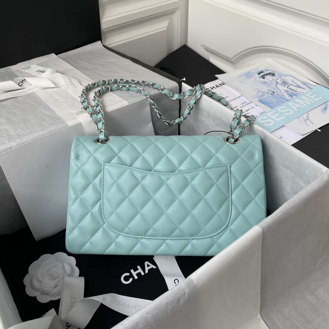 Chanel A01112 Flap Handbag Classic bag Grained shiny Calfskin Lake Blue Silver