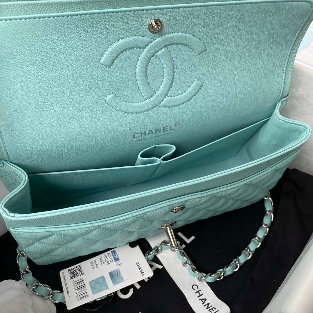 Chanel A01112 Flap Handbag Classic bag Grained shiny Calfskin Lake Blue Silver