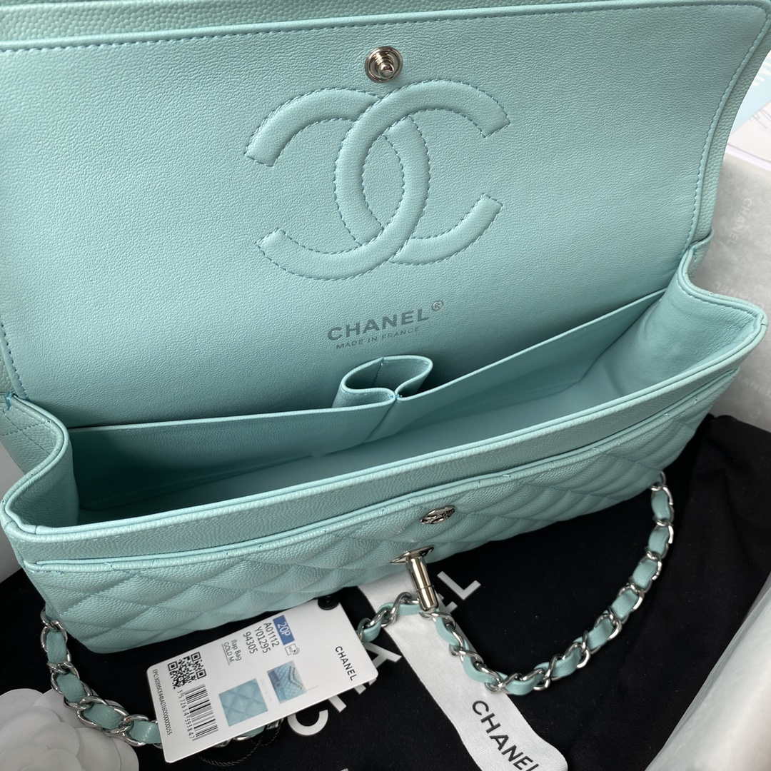 Chanel A01112 Flap Handbag Classic bag Grained shiny Calfskin Lake Blue Silver