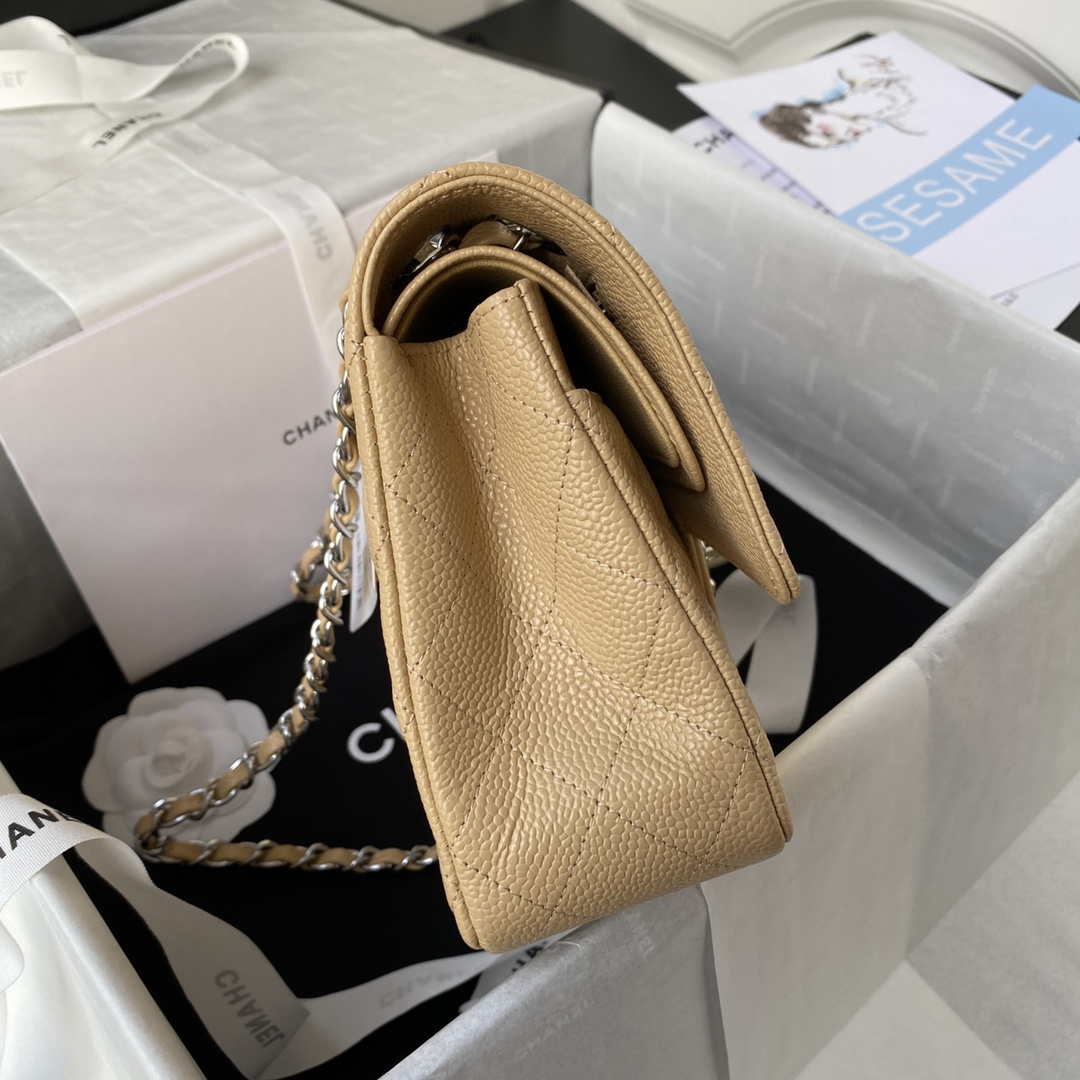 Chanel A01112 Flap Handbag Classic bag Grained shiny Calfskin Tan Silver