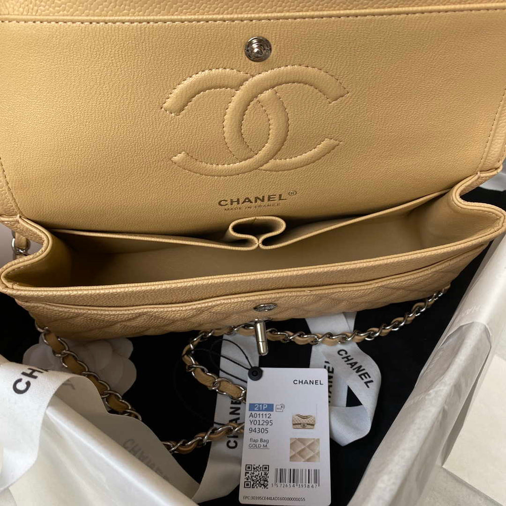 Chanel A01112 Flap Handbag Classic bag Grained shiny Calfskin Tan Silver
