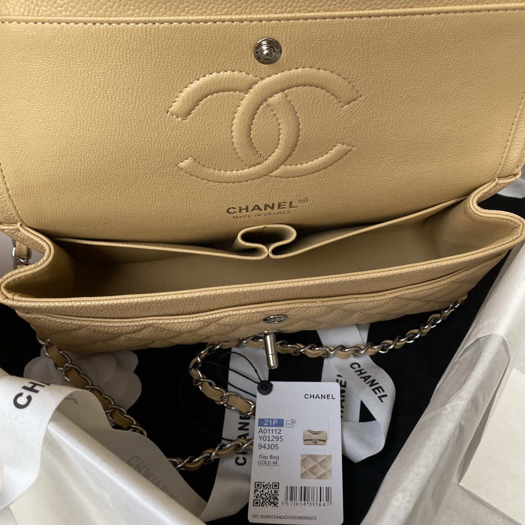 Chanel A01112 Flap Handbag Classic bag Grained shiny Calfskin Tan Silver