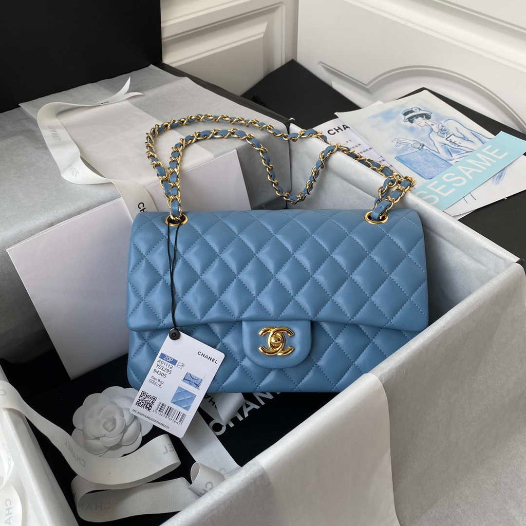 Chanel A01112 Flap Handbag Classic Bag Lambskin Sky Blue Gold