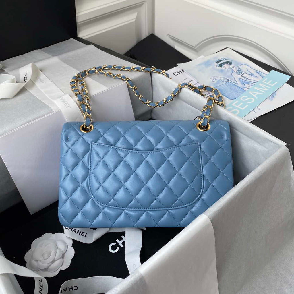 Chanel A01112 Flap Handbag Classic Bag Lambskin Sky Blue Gold