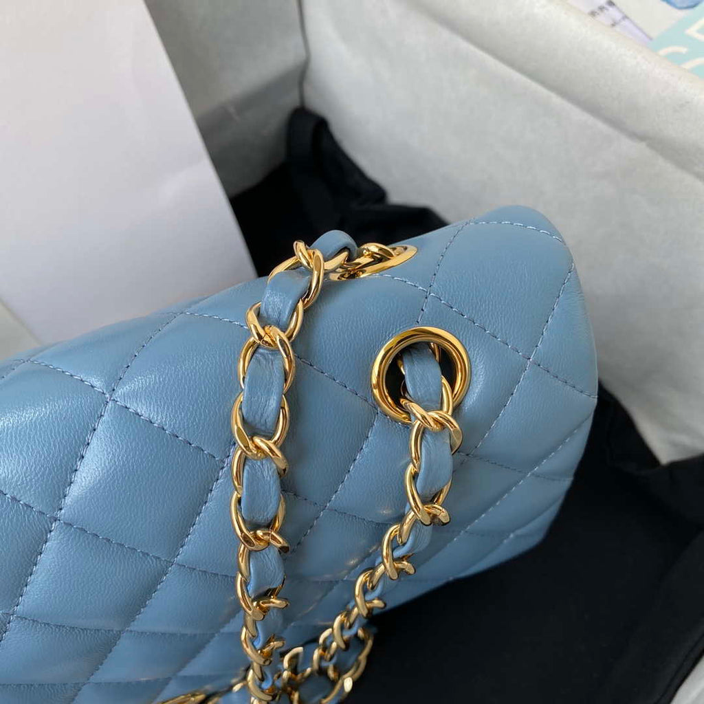 Chanel A01112 Flap Handbag Classic Bag Lambskin Sky Blue Gold