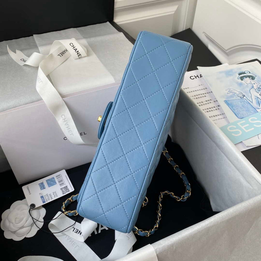 Chanel A01112 Flap Handbag Classic Bag Lambskin Sky Blue Gold
