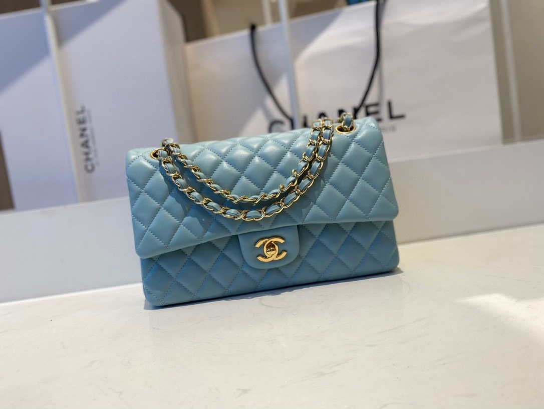 Chanel A01112 Flap Handbag Classic Bag Lambskin Light Blue Gold - Default Title - View 1