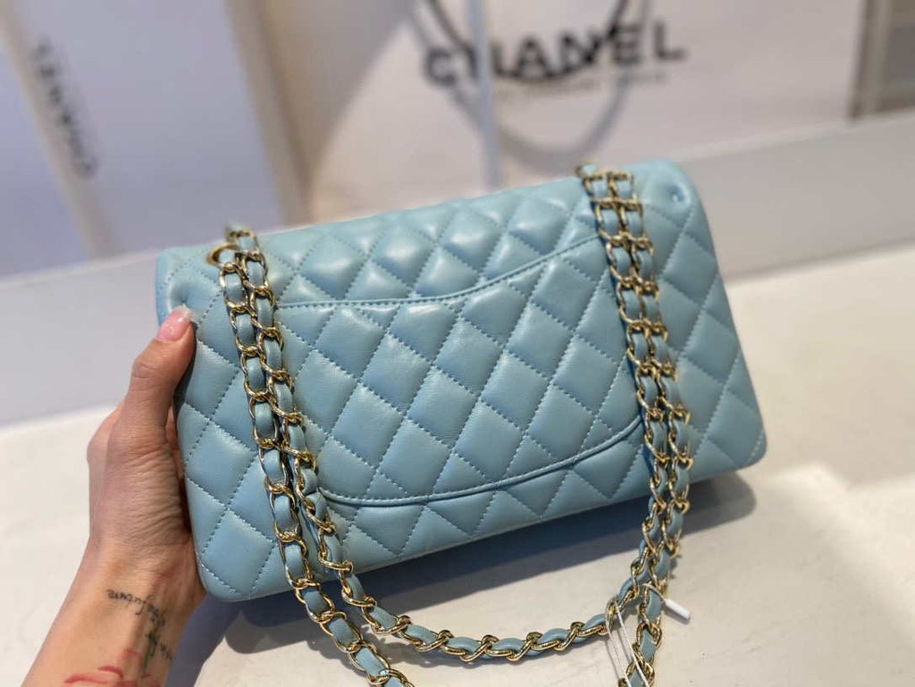 Chanel A01112 Flap Handbag Classic Bag Lambskin Light Blue Gold