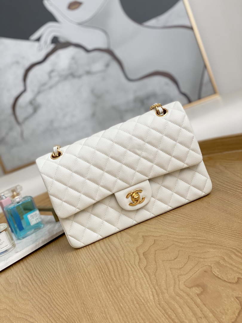 Chanel A01112 Flap Handbag Classic Grained shiny Calfskin White Gold - Default Title - View 1