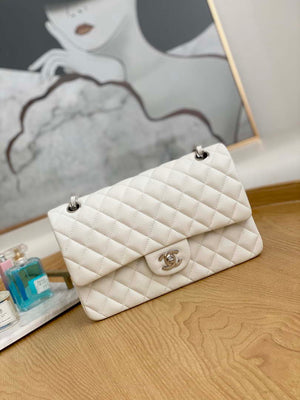 Chanel A01112 Flap Handbag Classic Grained shiny Calfskin White Silver - Default Title - View 1