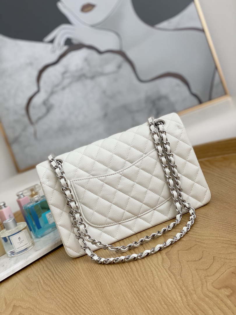 Chanel A01112 Flap Handbag Classic Grained shiny Calfskin White Silver - Default Title - View 2
