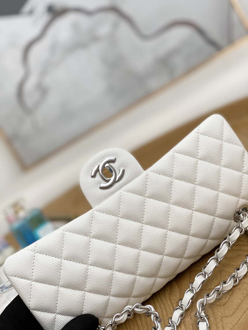 Chanel A01112 Flap Handbag Classic Grained shiny Calfskin White Silver - Default Title - View 3