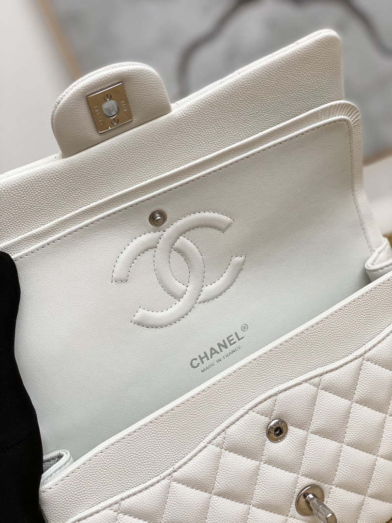 Chanel A01112 Flap Handbag Classic Grained shiny Calfskin White Silver - Default Title - View 8