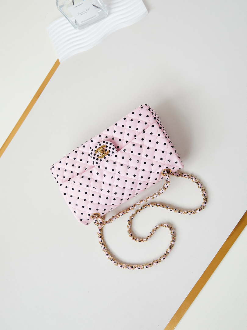Chanel A01112 Flap Pink Fabric Printed with white raindrops