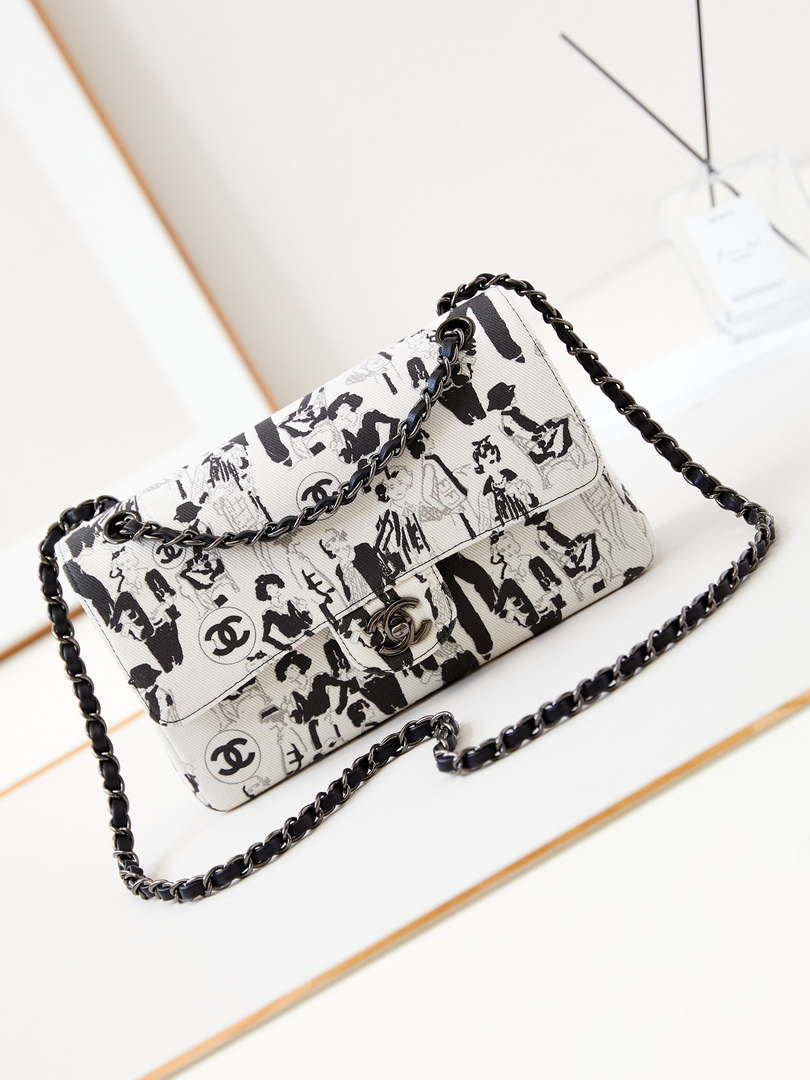 Chanel A01112 Flap White Fabric with Black Printed - Default Title - View 1