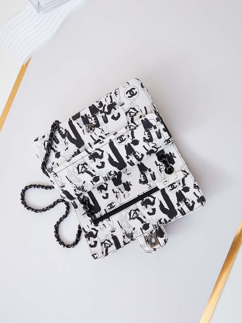 Chanel A01112 Flap White Fabric with Black Printed - Default Title - View 6