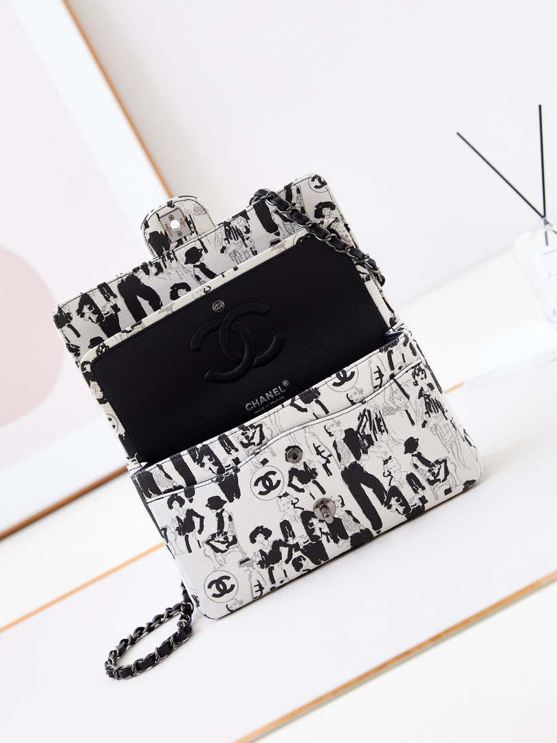 Chanel A01112 Flap White Fabric with Black Printed