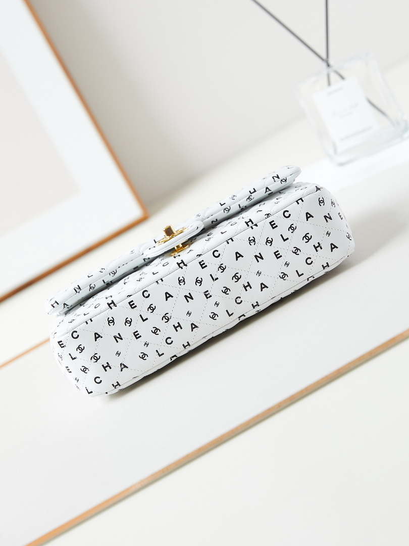 Chanel A01112 Flap White Lambskin Printed with Black CC logo