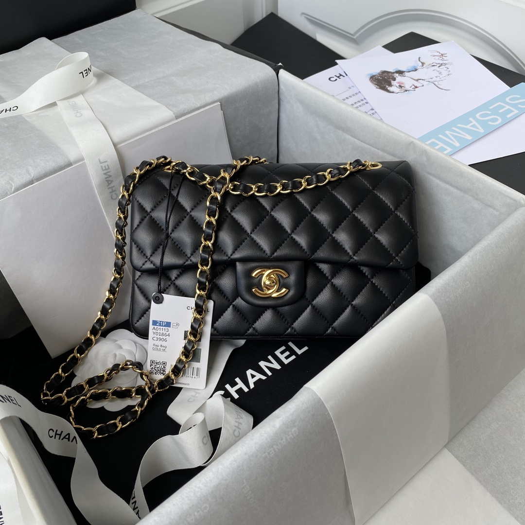 Chanel A01113 Flap Handbag Classic Bag Black Lambskin Gold - Default Title - View 1