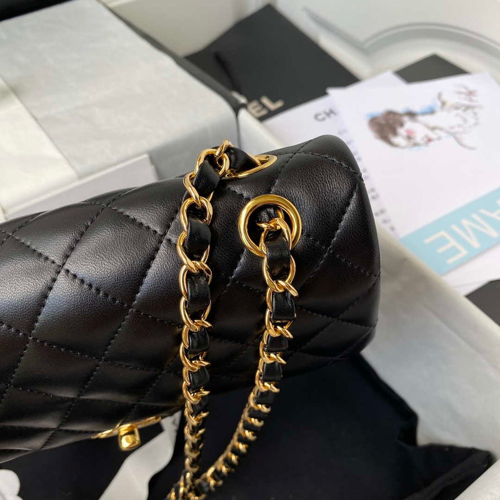 Chanel A01113 Flap Handbag Classic Bag Black Lambskin Gold
