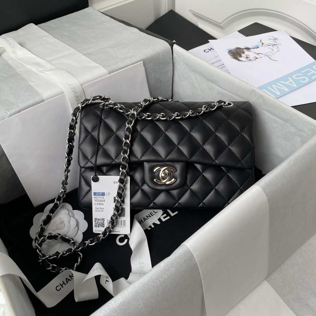 Chanel A01113 Flap Handbag Classic Bag Black Lambskin Silver - Default Title - View 1