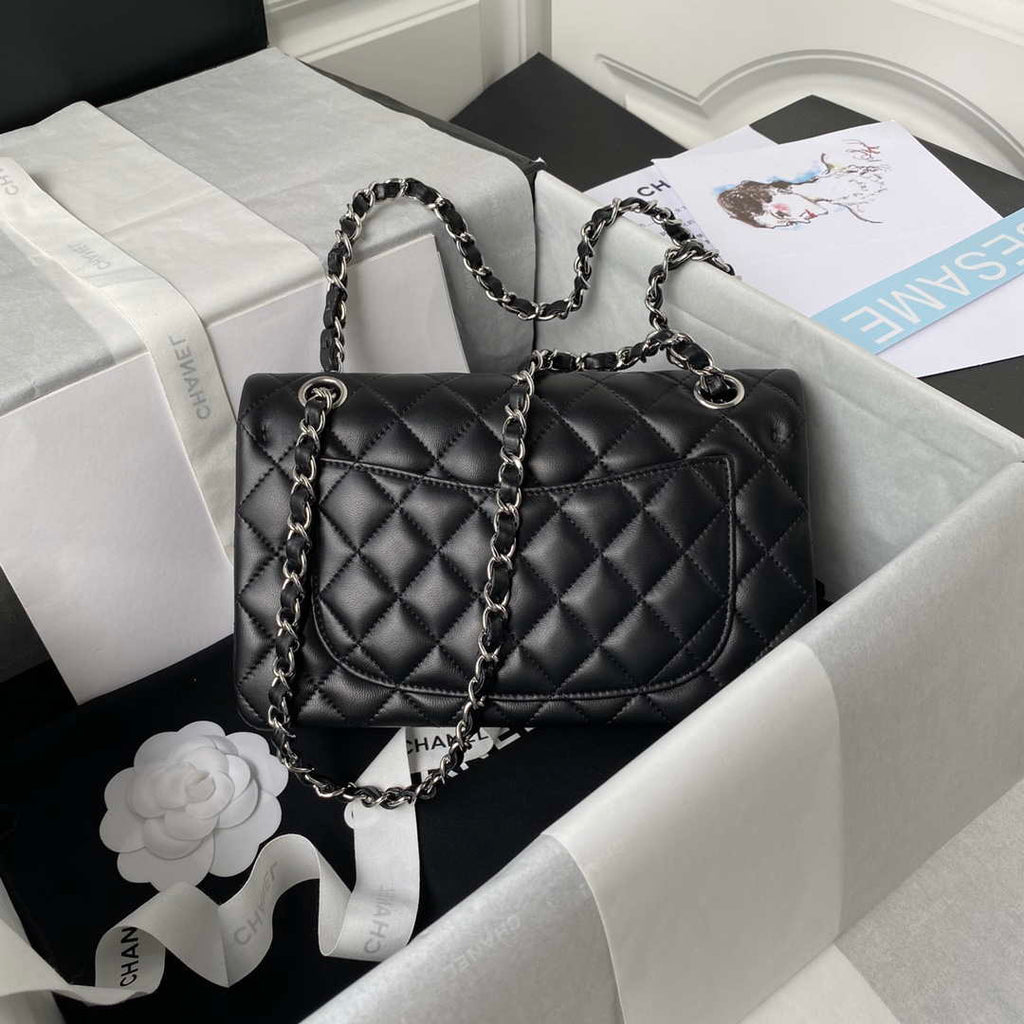 Chanel A01113 Flap Handbag Classic Bag Black Lambskin Silver