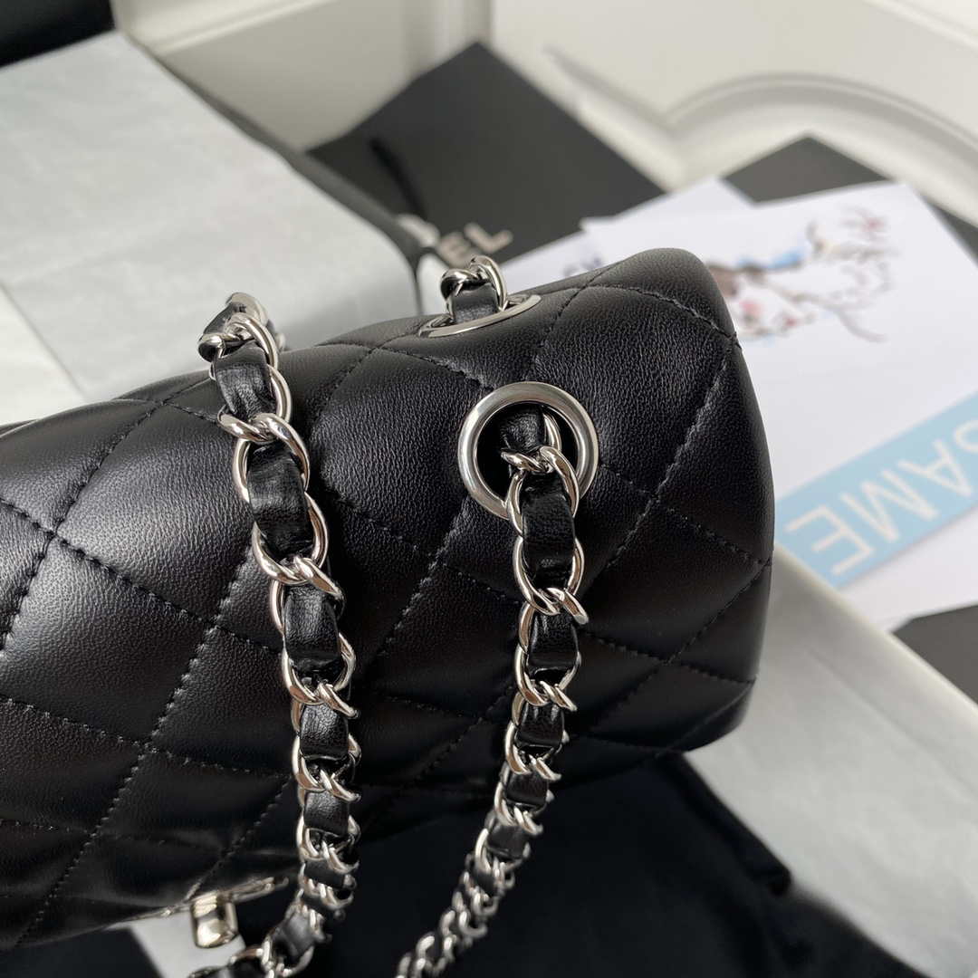 Chanel A01113 Flap Handbag Classic Bag Black Lambskin Silver