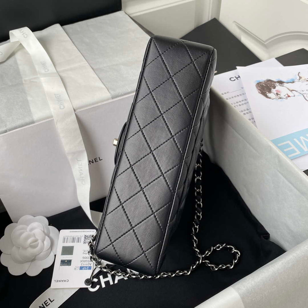 Chanel A01113 Flap Handbag Classic Bag Black Lambskin Silver