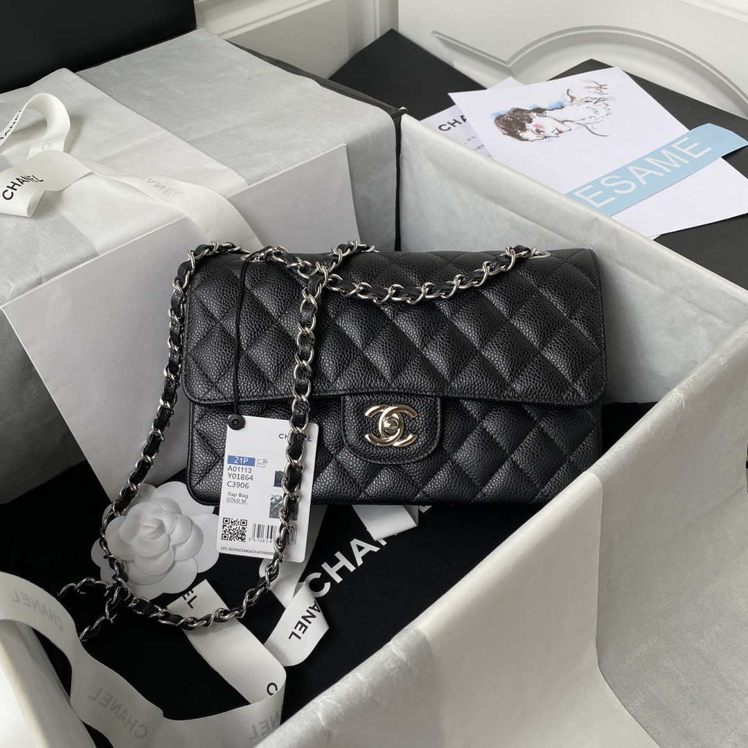 Chanel A01113 Flap Handbag Classic Bag Grained shiny Calfskin Black Silver - Default Title - View 1