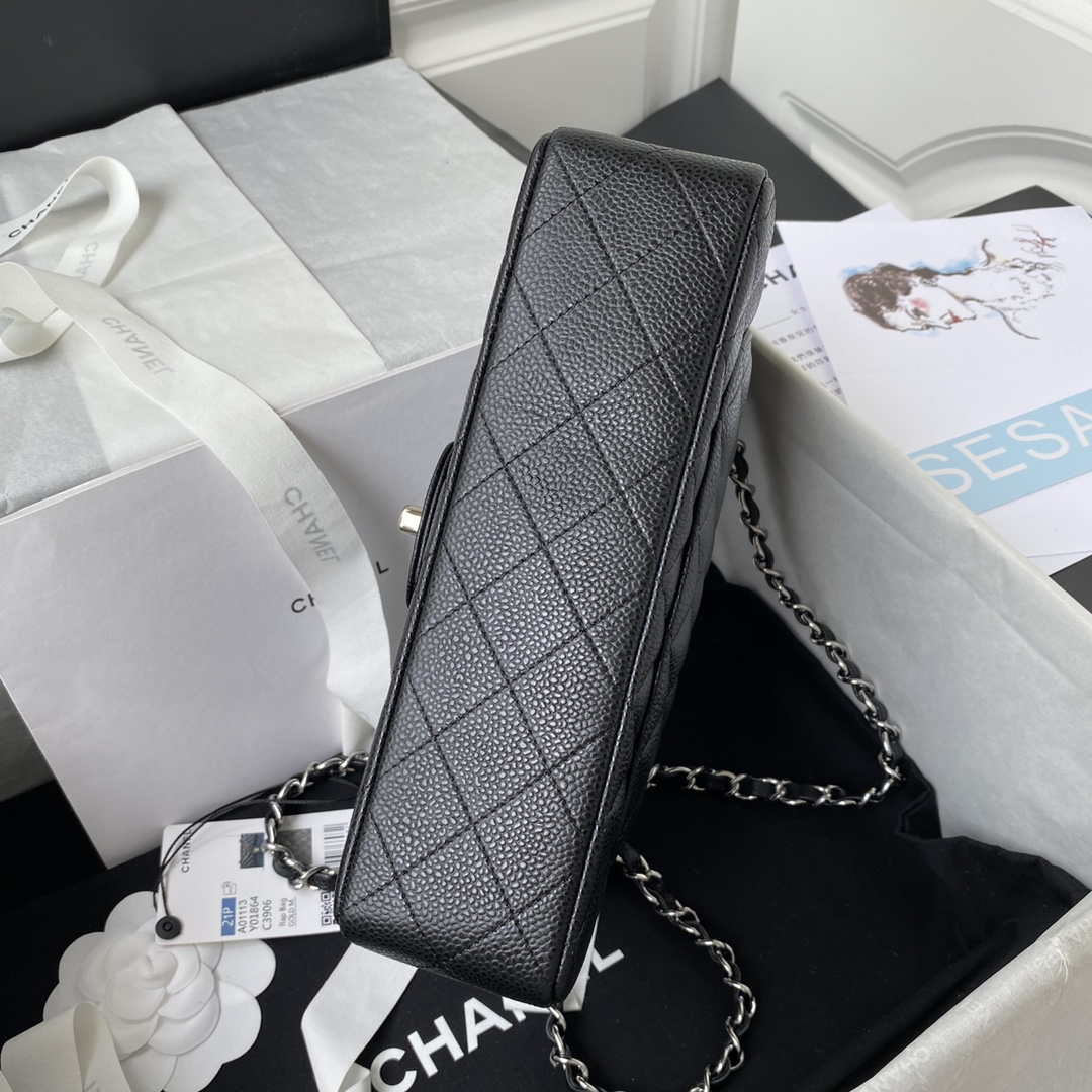 Chanel A01113 Flap Handbag Classic Bag Grained shiny Calfskin Black Silver - Default Title - View 6