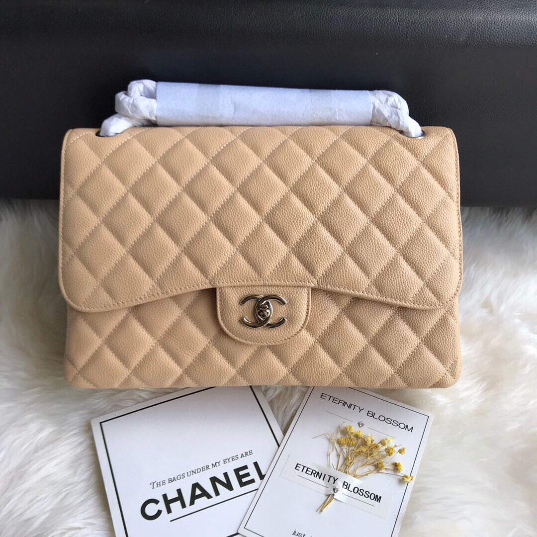 Chanel A01113 Maxi Flap Handbag Classic bag Grained shiny Calfskin gold Tan - Default Title - View 1