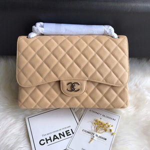 Chanel A01113 Maxi Flap Handbag Classic bag Grained shiny Calfskin gold Tan - Default Title - View 1