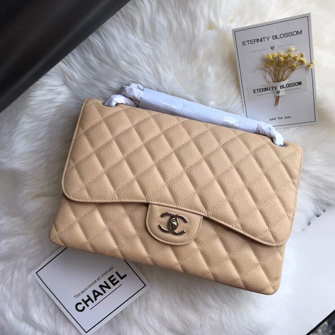 Chanel A01113 Maxi Flap Handbag Classic bag Grained shiny Calfskin gold Tan - Default Title - View 4