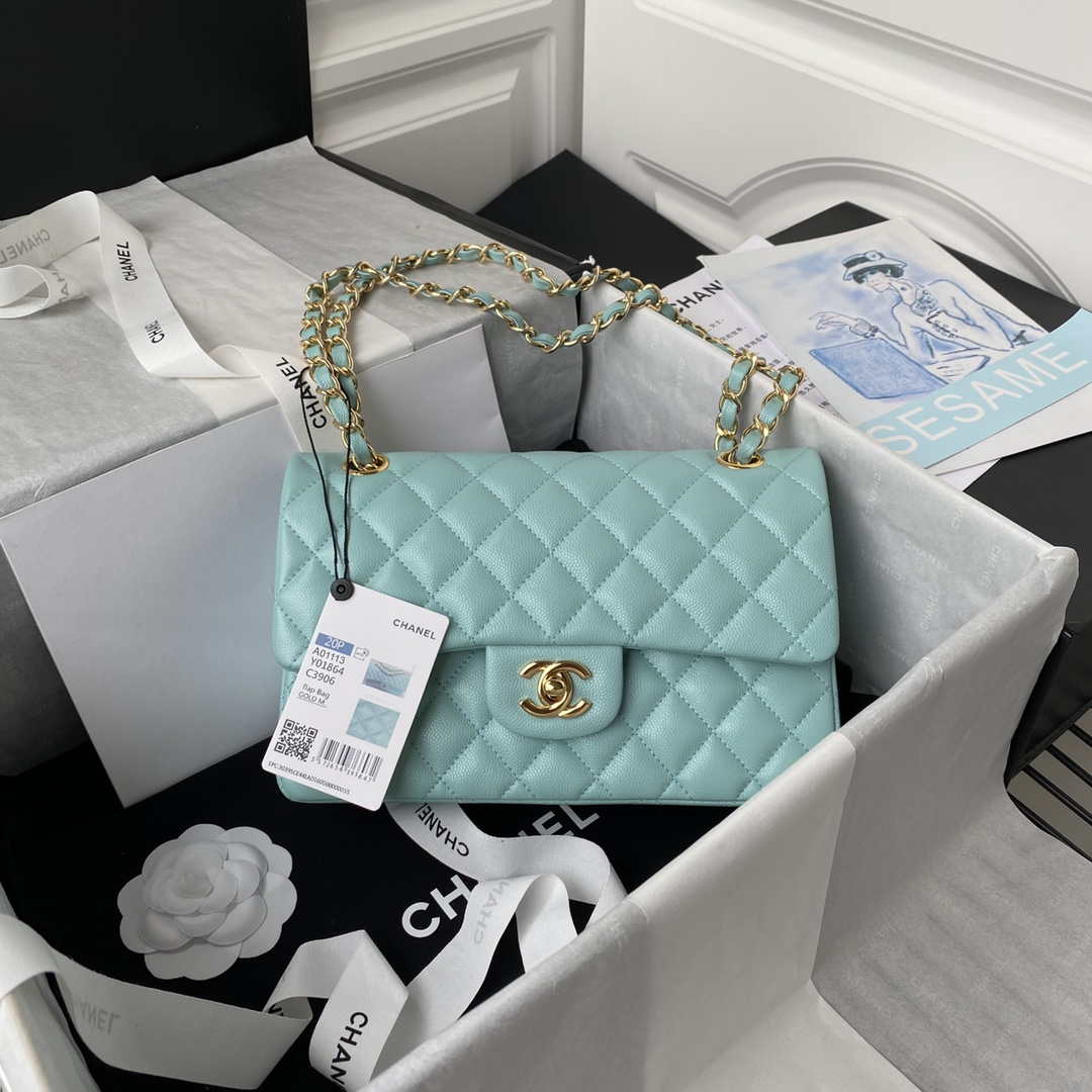 Chanel A01113 Flap Handbag Classic Bag Grained shiny Calfskin Lake Blue Gold - Default Title - View 1