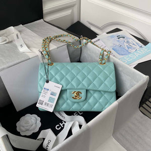 Chanel A01113 Flap Handbag Classic Bag Grained shiny Calfskin Lake Blue Gold - Default Title - View 1