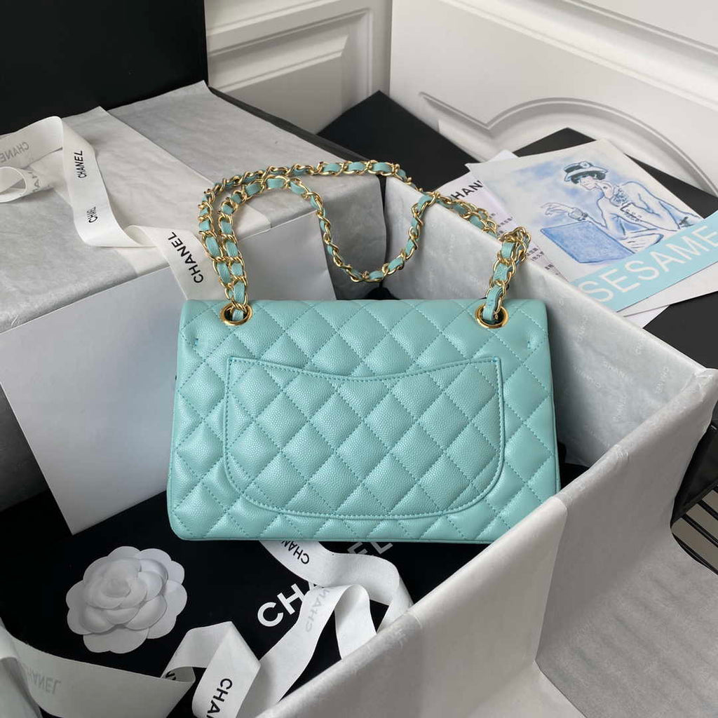 Chanel A01113 Flap Handbag Classic Bag Grained shiny Calfskin Lake Blue Gold