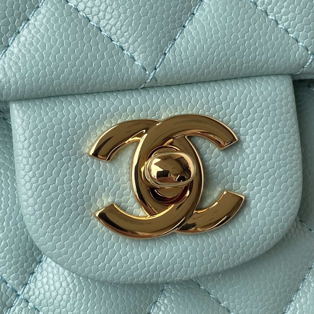 Chanel A01113 Flap Handbag Classic Bag Grained shiny Calfskin Lake Blue Gold - Default Title - View 3
