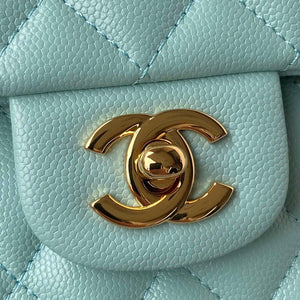 Chanel A01113 Flap Handbag Classic Bag Grained shiny Calfskin Lake Blue Gold - Default Title - View 3