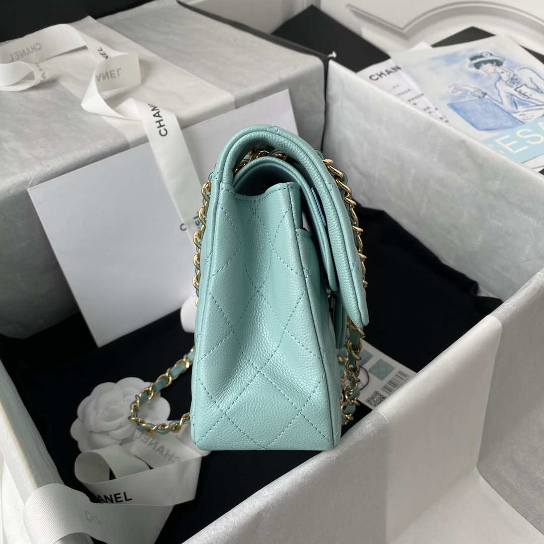 Chanel A01113 Flap Handbag Classic Bag Grained shiny Calfskin Lake Blue Gold