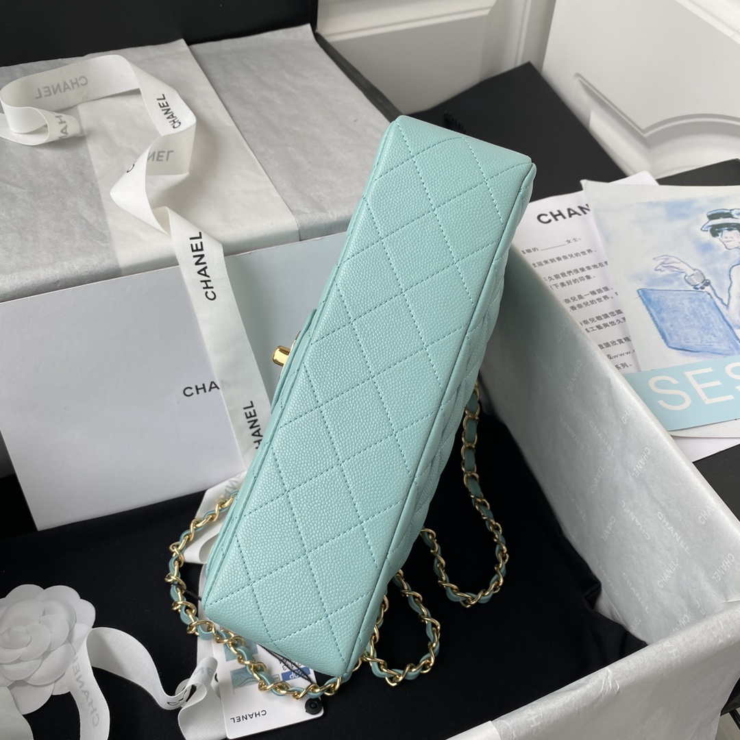 Chanel A01113 Flap Handbag Classic Bag Grained shiny Calfskin Lake Blue Gold