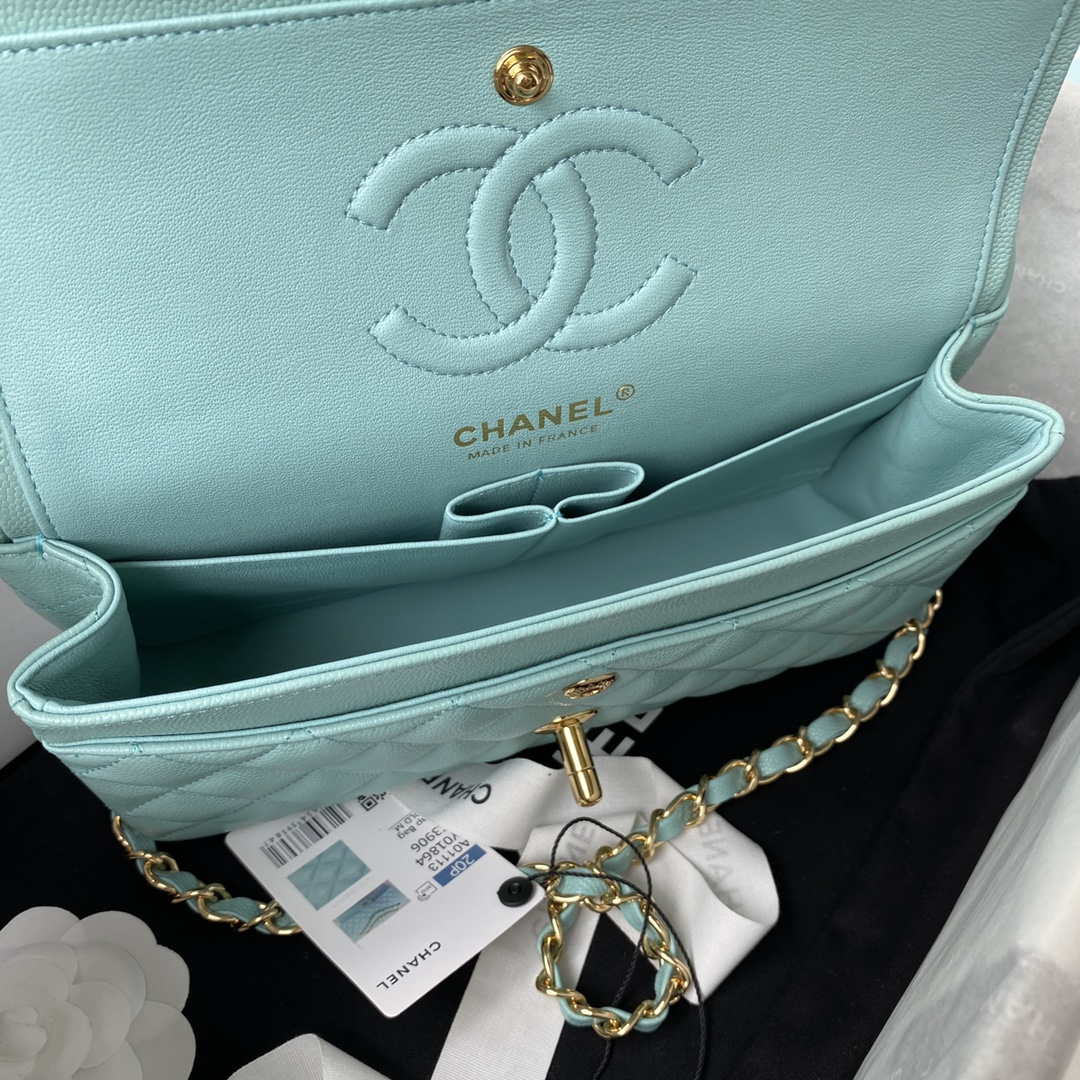 Chanel A01113 Flap Handbag Classic Bag Grained shiny Calfskin Lake Blue Gold - Default Title - View 7