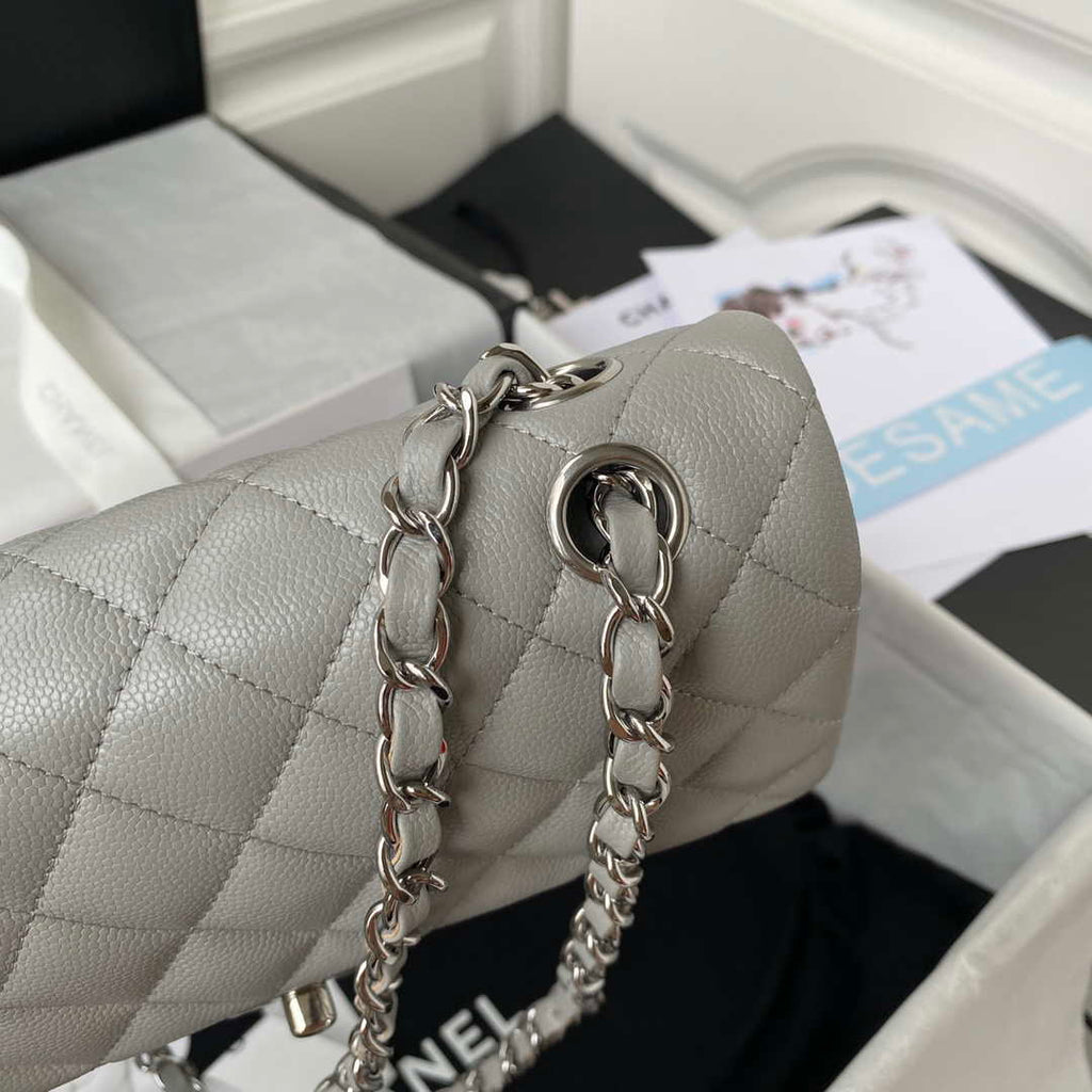Chanel A01113 Flap Handbag Classic Bag Grained shiny Calfskin Ligth Gray Silver