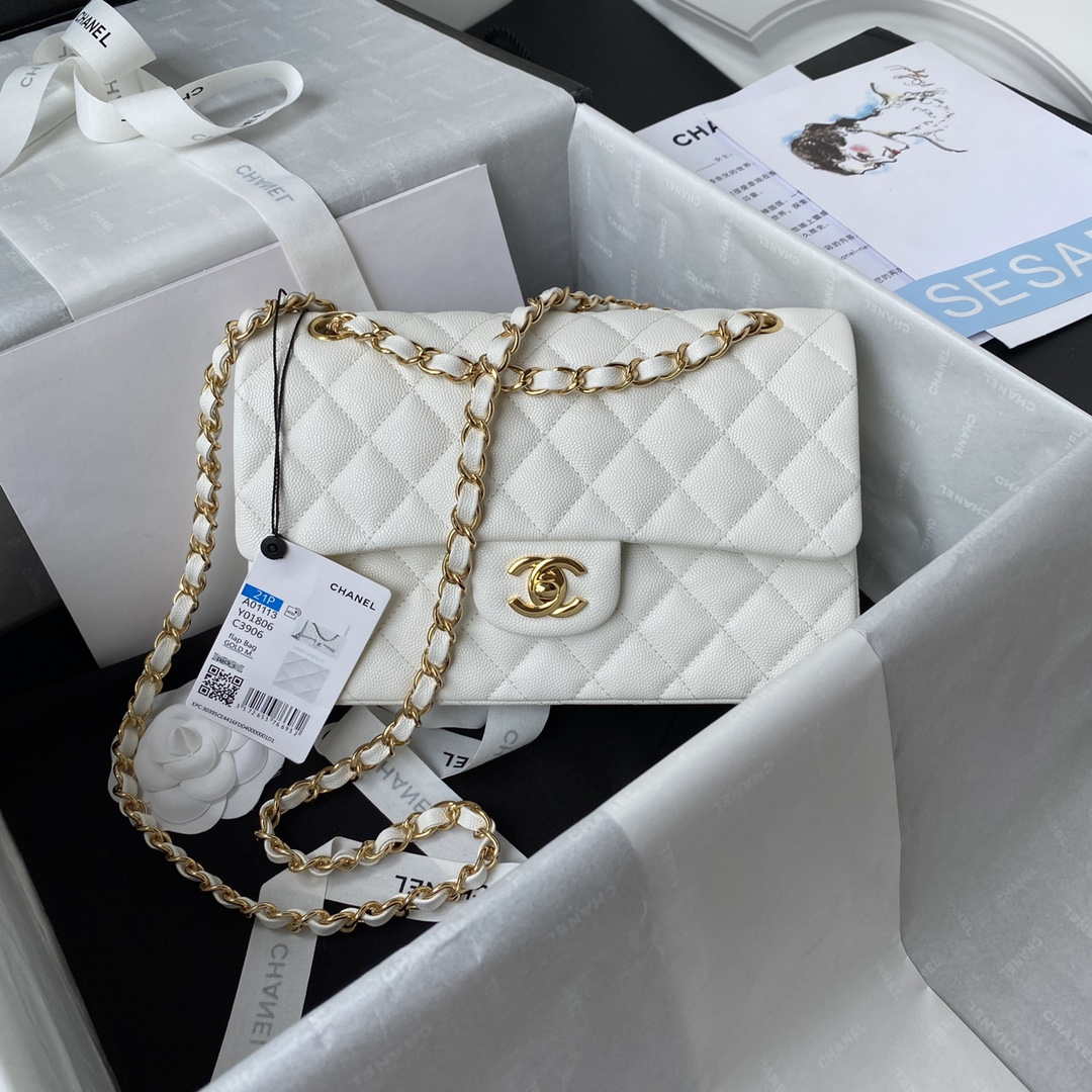Chanel A01113 Flap Handbag Classic Bag Grained shiny Calfskin White Gold - Default Title - View 1