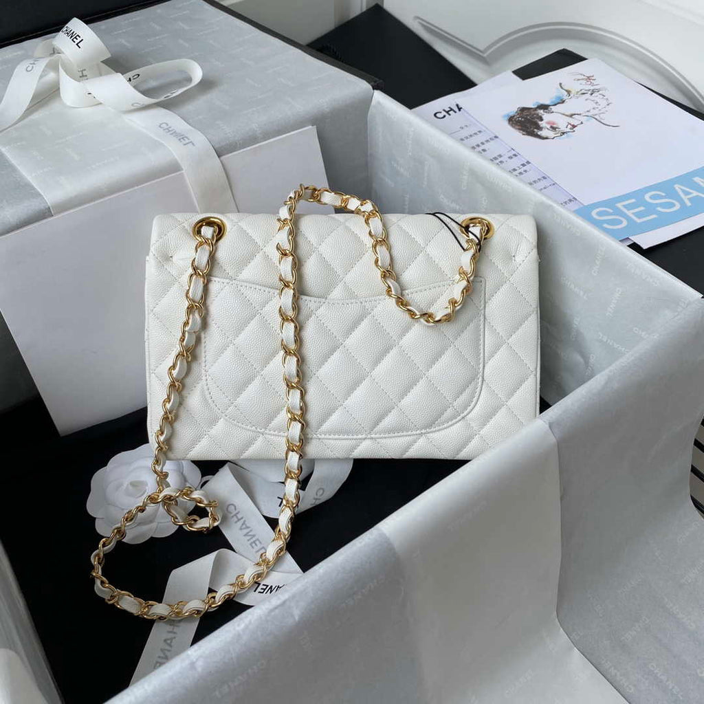 Chanel A01113 Flap Handbag Classic Bag Grained shiny Calfskin White Gold