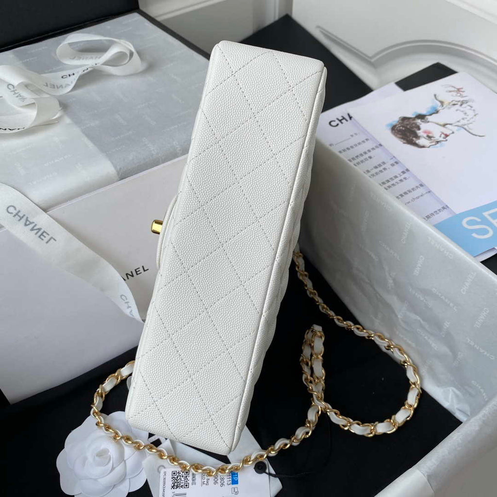 Chanel A01113 Flap Handbag Classic Bag Grained shiny Calfskin White Gold