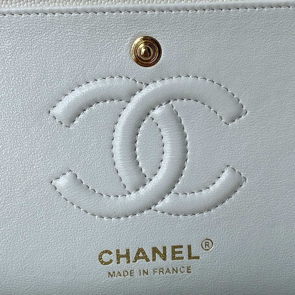 Chanel A01113 Flap Handbag Classic Bag Grained shiny Calfskin White Gold
