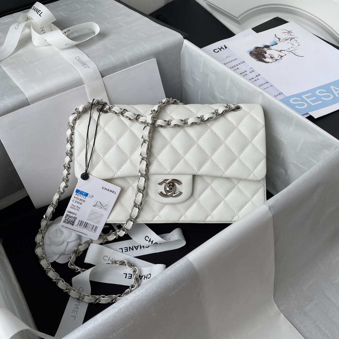 Chanel A01113 Flap Handbag Classic Bag Grained shiny Calfskin White Silver - Default Title - View 1
