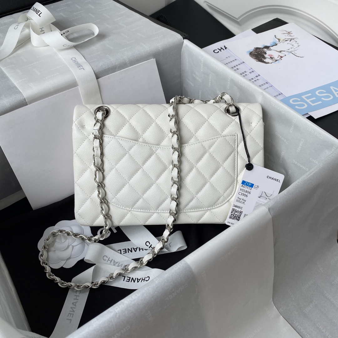 Chanel A01113 Flap Handbag Classic Bag Grained shiny Calfskin White Silver - Default Title - View 2